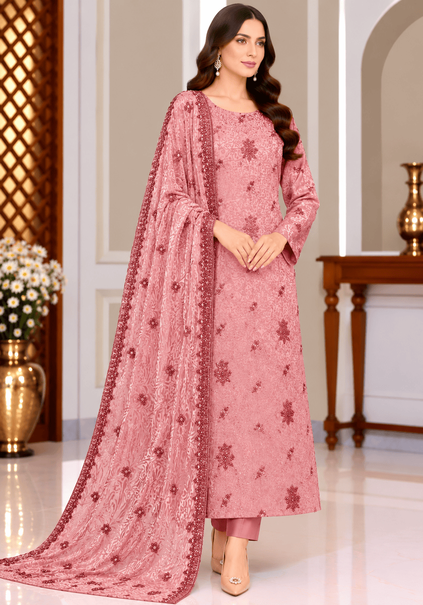 Dusty Pink China Silk 3 Piece Suit With Dupatta. Dusty pink China silk 3 piece unstitched suit with matching palachi dupatta