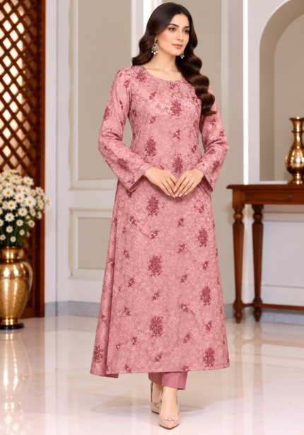 Dusty pink China silk 3 piece unstitched suit front view with floral embroidery