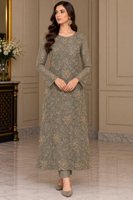 Grey chiffon handmade embroidered suit with floral and paisley embroidery
