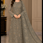 Grey chiffon handmade embroidered suit with matching floral embroidered dupatta