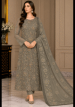 Grey chiffon handmade embroidered suit with matching floral embroidered dupatta