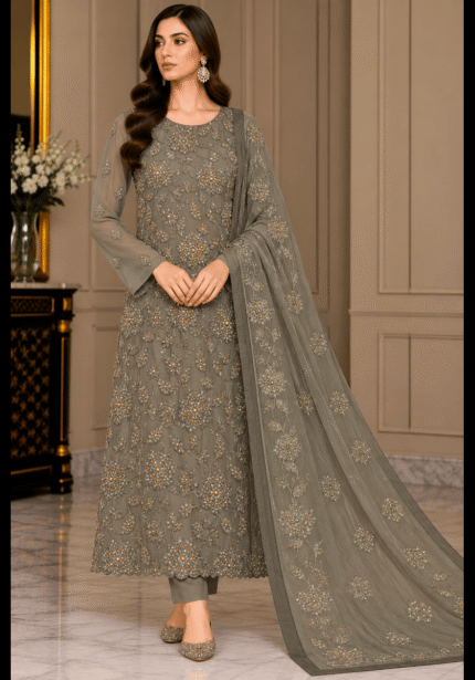 Grey chiffon handmade embroidered suit with matching floral embroidered dupatta