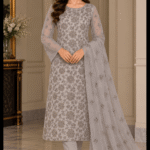 Grey chiffon handmade embroidered suit with silver floral embroidery and matching dupatta