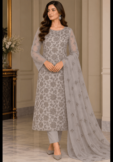 Grey chiffon handmade embroidered suit with silver floral embroidery and matching dupatta