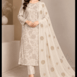 Ivory beige silk embroidered 3 piece suit with chiffon dupatta