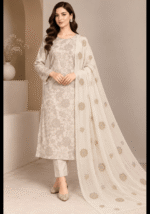 Ivory beige silk embroidered 3 piece suit with chiffon dupatta
