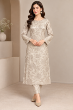 Ivory beige silk floral embroidered suit front pose without dupatta