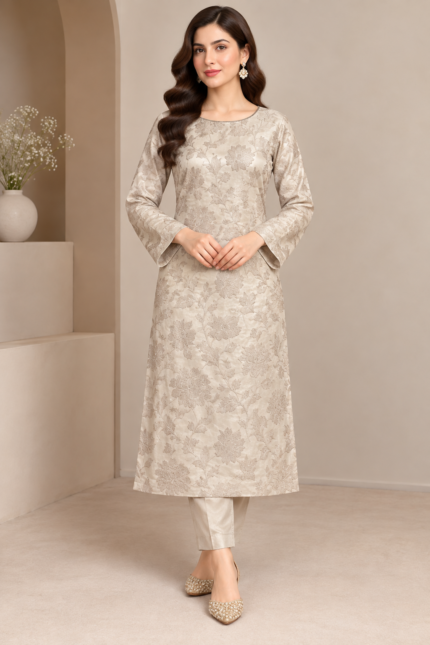 Ivory beige silk floral embroidered suit front pose without dupatta