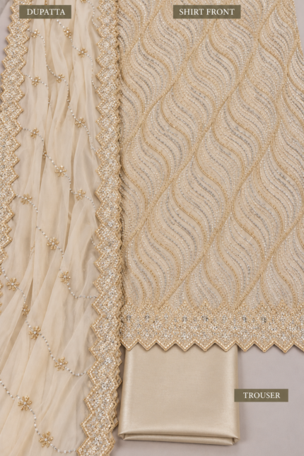 Ivory Sheesha Silk unstitched fabric with cut dana embroidery closeup