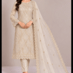 Ivory Sheesha Silk cut dana work 3 piece suit with embroidered dupatta