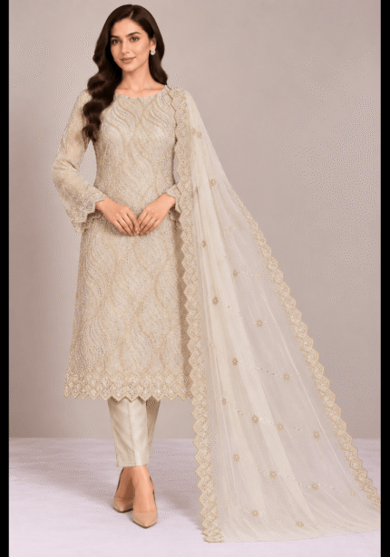 Ivory Sheesha Silk cut dana work 3 piece suit with embroidered dupatta