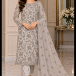 Light grey silver chiffon handmade 3 piece suit with embroidered dupatta