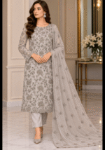 Light grey silver chiffon handmade 3 piece suit with embroidered dupatta