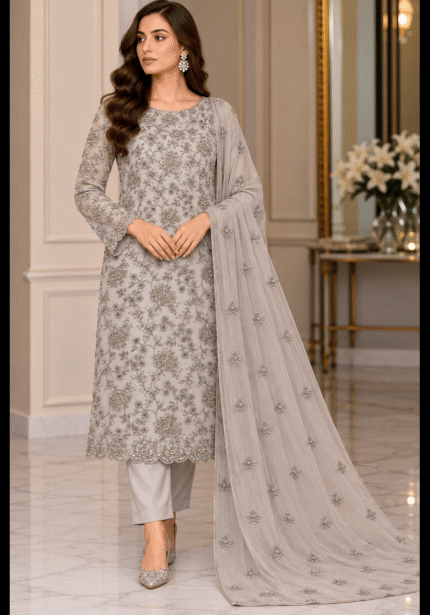 Light grey silver chiffon handmade 3 piece suit with embroidered dupatta