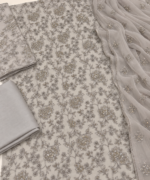 Light grey silver chiffon unstitched fabric with floral handmade embroidery