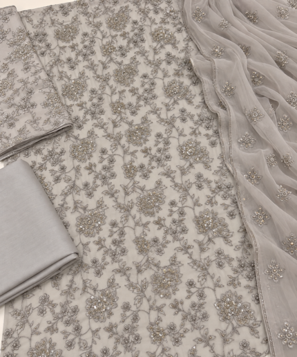 Light grey silver chiffon unstitched fabric with floral handmade embroidery