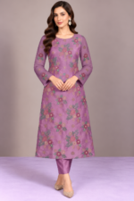 Mauve silk embroidered suit front pose without dupatta