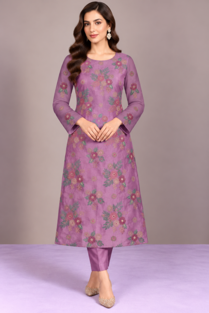 Mauve silk embroidered suit front pose without dupatta