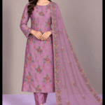 Mauve silk embroidered 3 piece suit with matching chiffon dupatta