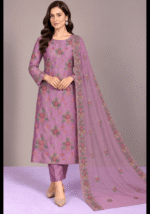Mauve silk embroidered 3 piece suit with matching chiffon dupatta