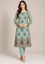 Mint green chiffon handwork suit front view without dupatta