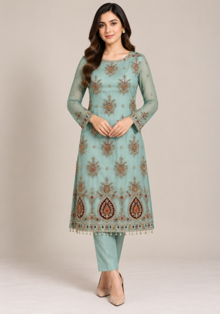 Mint green chiffon handwork suit front view without dupatta