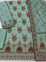 Mint green chiffon handwork unstitched fabric closeup with embroidery