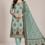 Mint green chiffon handwork 3 piece suit with embroidered dupatta