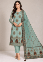 Mint green chiffon handwork 3 piece suit with embroidered dupatta