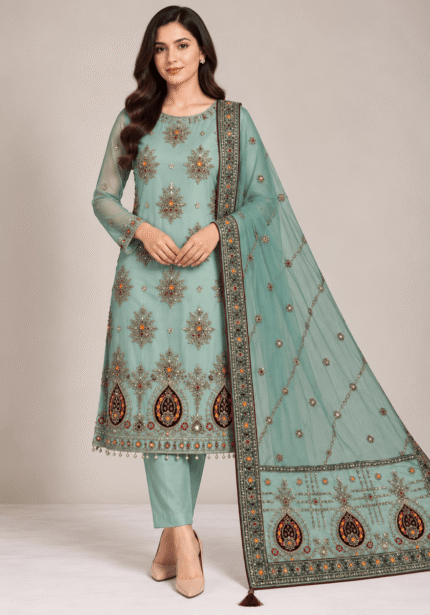 Mint green chiffon handwork 3 piece suit with embroidered dupatta
