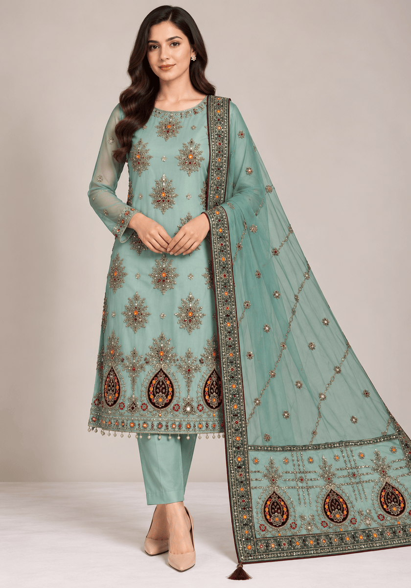 Mint Green Chiffon Handwork Suit With Dupatta Mint green chiffon handwork 3 piece suit with embroidered dupatta