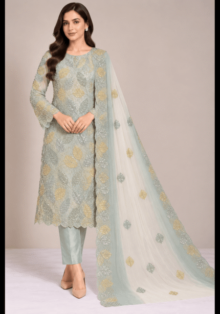 Mint green Sheesha Silk 3 piece suit with cut dana work and dupatta