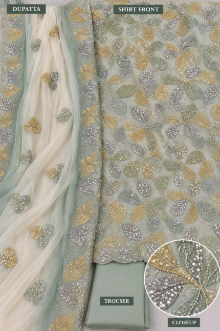 Mint green Sheesha Silk unstitched fabric with cut dana work closeup