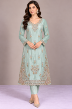 Mint green silk handmade suit front design with embroidered neckline and hem