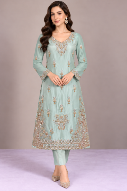 Mint green silk handmade suit front design with embroidered neckline and hem