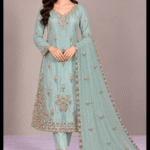 Mint green silk handmade 3 piece suit front pose with embroidered dupatta