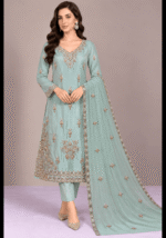 Mint green silk handmade 3 piece suit front pose with embroidered dupatta