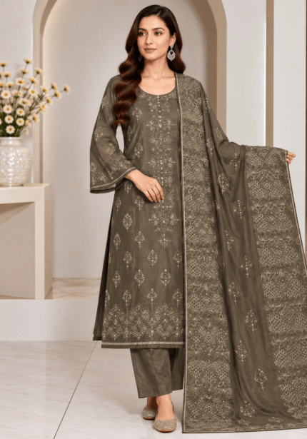 Olive khaki silk shirt with intricate floral thread embroidery