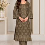 Olive khaki silk embroidered 3 piece suit with matching embroidered dupatta