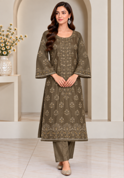 Olive khaki silk embroidered 3 piece suit with matching embroidered dupatta