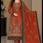 Rust red grip embroidered 3 piece suit with black and gold dupatta