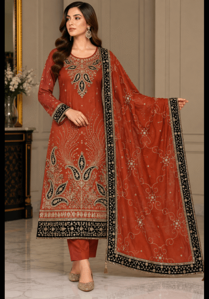 Rust red grip embroidered 3 piece suit with black and gold dupatta