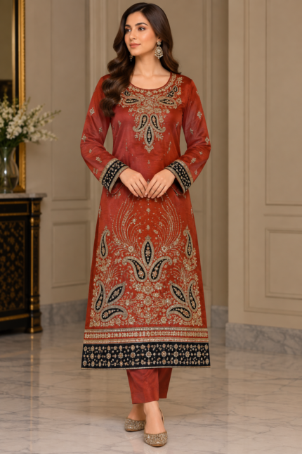 Rust red grip embroidered shirt with black and gold paisley embroidery