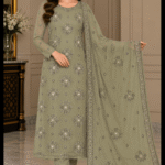 Sage green chiffon 3 piece suit with beaded shirt and embroidered dupatta