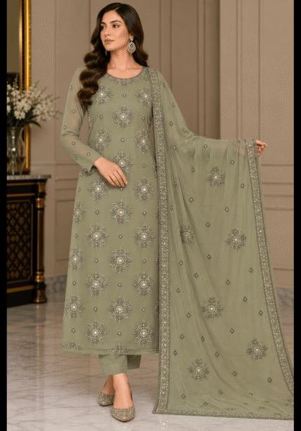 Sage green chiffon 3 piece suit with beaded shirt and embroidered dupatta