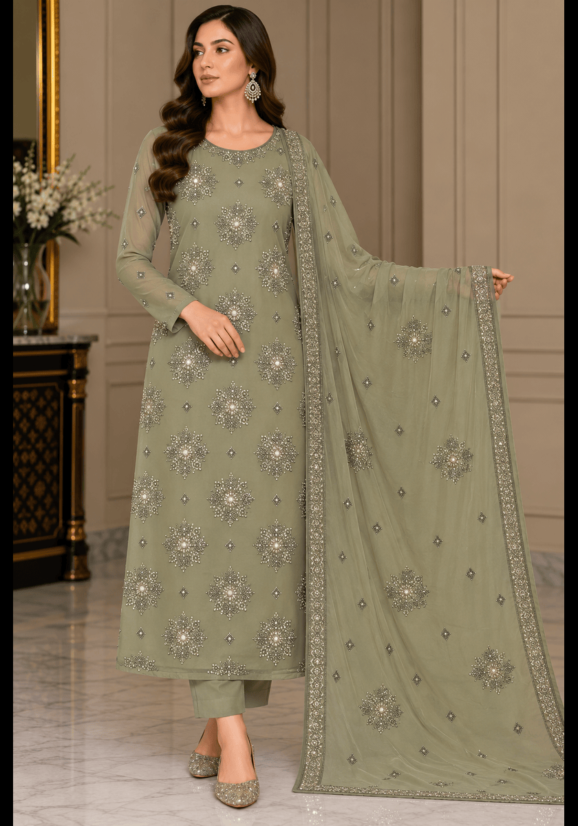 Sage Green Chiffon Beaded Embroidered 3 Piece Suit Sage green chiffon 3 piece suit with beaded shirt and embroidered dupatta