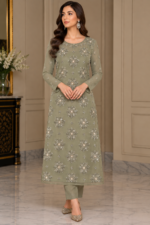 Sage green chiffon shirt with silver pearl floral beadwork and simple embroidered sleeves