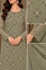 Close up of sage green chiffon floral beadwork with simple sleeve and dupatta embroidery