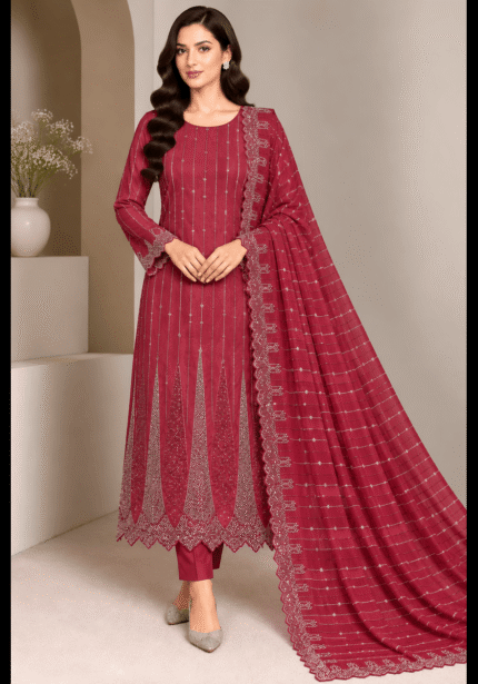 Sheesha silk cut dana work 3 piece unstitched suit front pose with dupatta