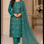 Teal green silk handmade 3 piece suit with matching embroidered chiffon dupatta